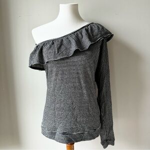 Joie Gray and White Stripe Long Sleeve One Shoulder Ruffle Top Size X-Small